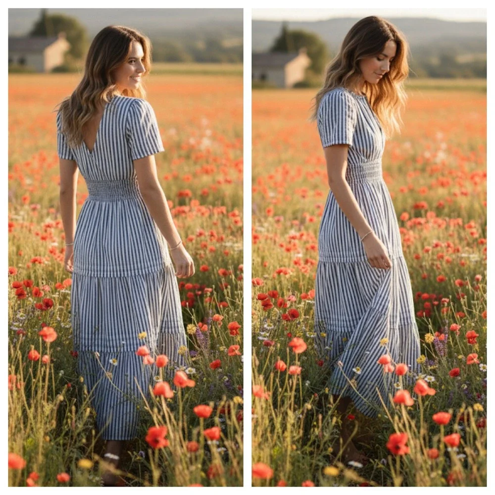 Quince Organic Cotton Tiered Maxi Dress‎ Navy White Stripe Smocked Resortwear M - Picture 11 of 17